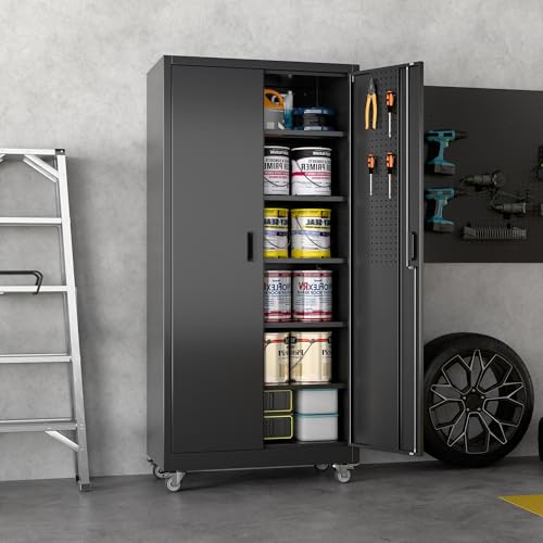 Reemoon 71 in Metal Storage Cabinet with Wheels & Pegboard, 5-Shelf, 3-Point Lock, Black