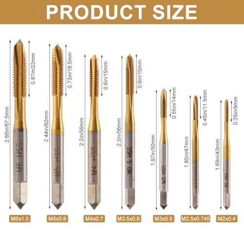 7 Pack Spiral Point Tap Set, M2 M2.5 M3 M3.5 M4 M5 M6 Metric Thread Screw Taps,Titanium Coated High Speed Steel HSS6542 Machine Tapping Threading Repair Tool(Size:7pcs)