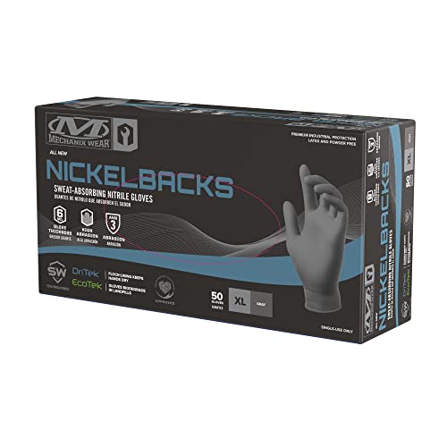 Mechanix Wear: 6 Mil Nickelback Nitrile Gloves with Sweat Absorbing Liner, Latex and Powder Free, Disposable Gloves, Textured Grip, 50 pack, Cleaning and Mechanic Work Gloves (Gray 6 mil, Large)