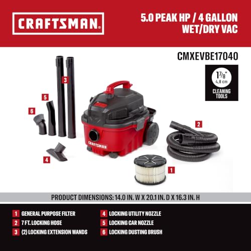 CRAFTSMAN 4 Gallon Wet Dry Shop Vacuum with 5.0 Peak HP, Includes Accessories