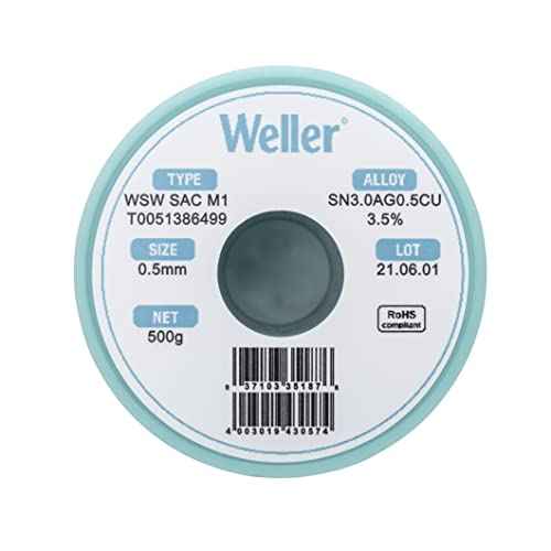 Weller WSW SAC M1 (T0051388299) Solder Wire, Dia: 0.5 mm / 0.020 in, Wt: 100 g / 3.527 oz, Alloy Sn96.5Ag3.0Cu0.5, Flux content 3.5%