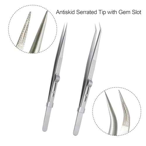 2Pcs Professional Diamond Tweezers Gem Stone Tweezers Jewelry Tweezers Stainless Steel Slide Locking Non-slip Pointed Tip Tweezers with Slot for Jewelers Making