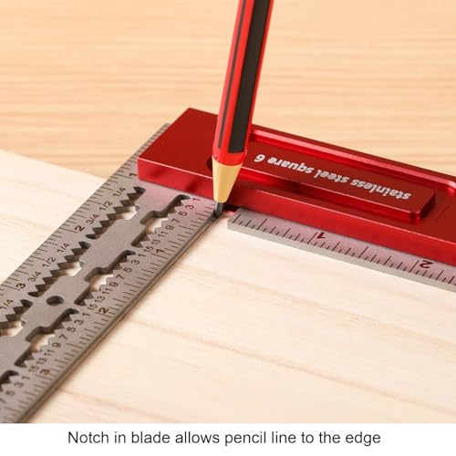6 Inch Precision Woodworking Square with Scribing Notches – Stainless Steel, Aluminum Handle