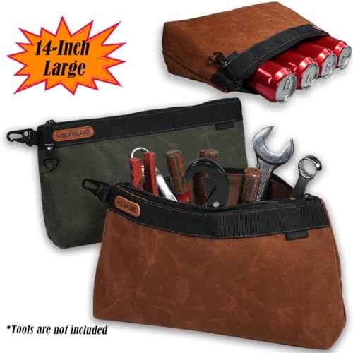 WELKINLAND 2Pcs-Set Tool Pouches, Heavy-Duty Waxed Canvas Tools Pouch, 14-Inch Tool Organizer Pouch, Waterproof Zipper Tools Pouch, Durable Canvas Tool Zipper Pouches