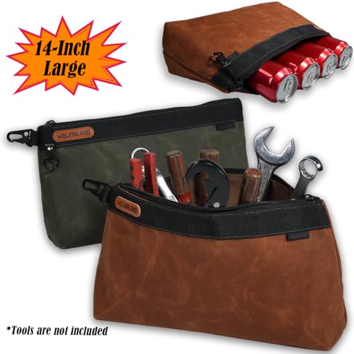 WELKINLAND 2Pcs-Set Tool Pouches, Heavy-Duty Waxed Canvas Tools Pouch, 14-Inch Tool Organizer Pouch, Waterproof Zipper Tools Pouch, Durable Canvas Tool Zipper Pouches