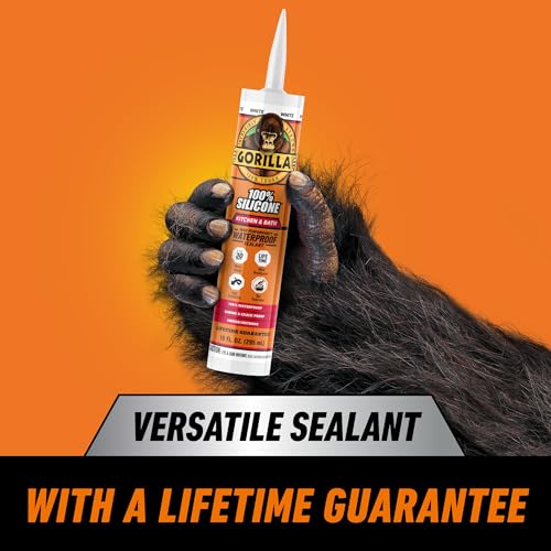 Gorilla 100% Silicone Caulk - White, 10 oz Cartridge, Waterproof Bathroom Sealant