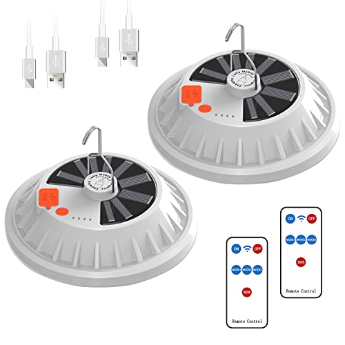 2-Pack Solar Camping Lantern DIBMS LED Portable Solar USB Rechargeable Flashlight Waterproof Lights w/ Remote Emergency Power Bank for Camping Hurricanes Power Outages Homes Indoor Outdoor