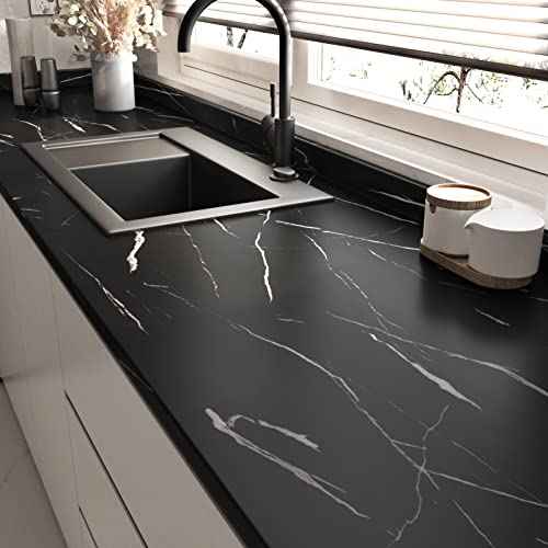 Wallercity Thick Matte Black Marble Contact Paper Granite Peel and Stick Wallpaper for Countertop Cabinets Liner Waterproof Self-Adhesive Marble Wallpaper for Kitchen Bathroom Bedroom 15.8''x78.7''