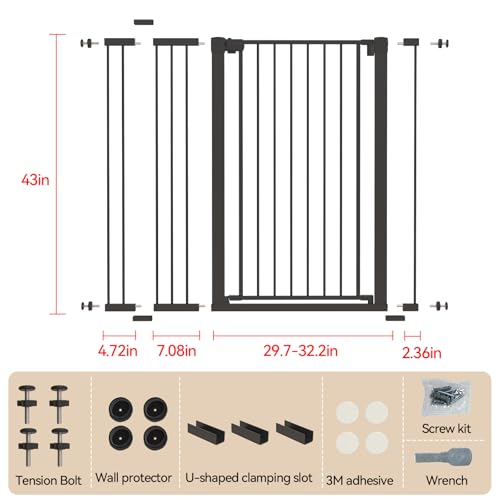 KODYRU 43-Inch Tall Adjustable Black Baby Gate, Extra-Wide Safety Barrier