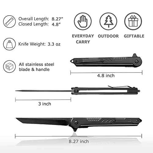 EDC Pocket Knife for Men, Tanto Folding Knives with Clip, Slim Gentleman's Knife with Glass Breaker, Flipper Open and Liner Lock for Outdoor Survival Camping Everyday Carry