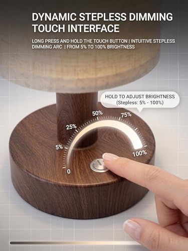Wood Grain Rechargeable Cordless Touch Table Lamp with Dimmable 3-Color Light