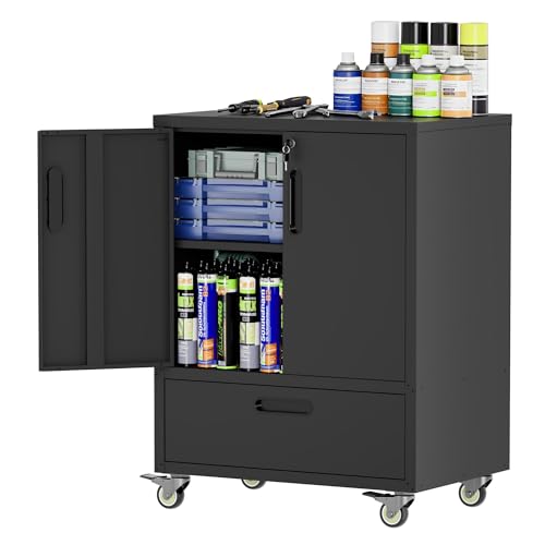 EKJ Metal Garage Tool Cabinet on Wheels - Lockable Rolling 2 Doors, 1 Drawer, 20" Deep