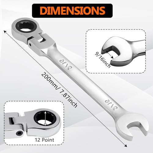 9/16 Inch Ratchet Wrench Imperial, Flex Head Combination Wrench 72-Teeth 12 Point Box End Wrench Spanner, Chrome Vanadium Steel