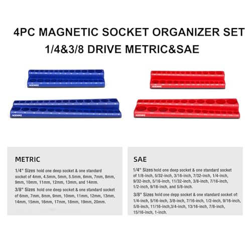NOEAIKE 4-Pack Magnetic Socket Organizer Set 3/8 in & 1/4 in SAE & Metric