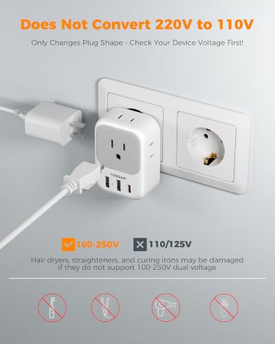TESSAN European Travel Plug Adapter 3 Pack - Type C Gray & White