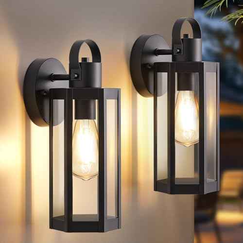2 Pack Exterior Lighting Fixtures, Outdoor Wall Light with Clear Glass, Black Outside Front Porch Waterproof Sconce Lights Matte Wall Mount Lamp Modern Lanterns for House Patio Door Garage