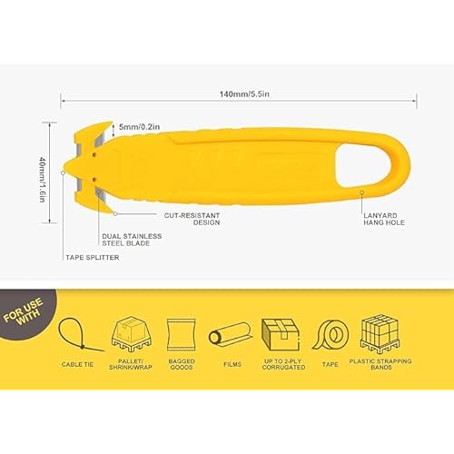 Safety Utility Cutter, T TOVIA Stainless Steel Package Opener, Two Sided Concealed Blade, Bladeless Tape Splitter, Efficient Cutting for Boxes, Wrap,Straps, Plastic Straps (5), Yellow, HKA61-YL-S-T1
