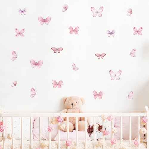 6 Sheets 36 Pcs Pink Butterfly Wall Stickers, sacinora DIY Watercolor Art Wall Decals Removable Vinyl Peel and Stick for Kids Baby Nursery Living Room Bedroom Playroom Sofa TV Background Decorations