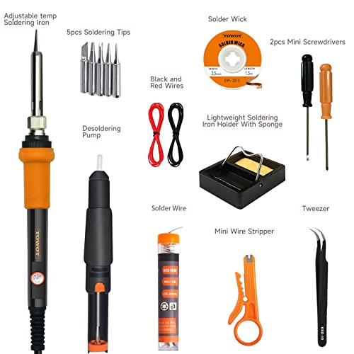 TOWOT Soldering Iron Kit, Electronic Soldering Iron 60W Adjustable Temperature, Deoldering Pump, Tin Wire, Solder Wick, Tweezers, Soldering Iron Tips Set, Soldering Iron Stand, Wire Strippers