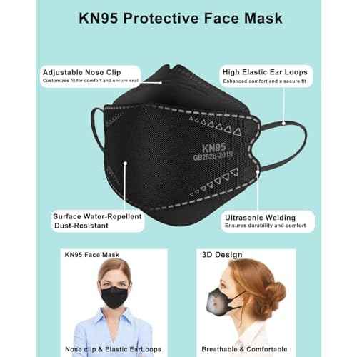 KN95 Face Masks Black for Adults, Individually Wrapped, Breathable Disposable KN95 Mask with Elastic Ear Loop