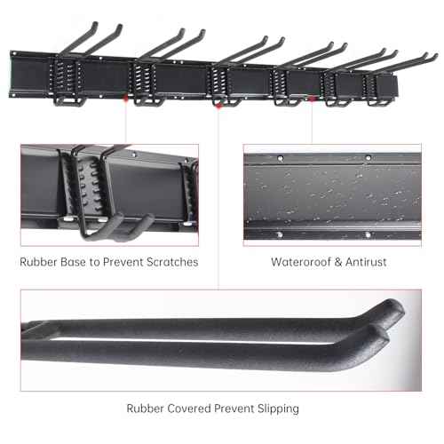 Garage Storage Rack Hooks, 48 Inch Heavy Duty Wall Mount Garage Organization with 3 Rails and 6 Adjustable Double Wall Hooks,Hanging Shelves for Garden Tool/Broom/Mop(Black)