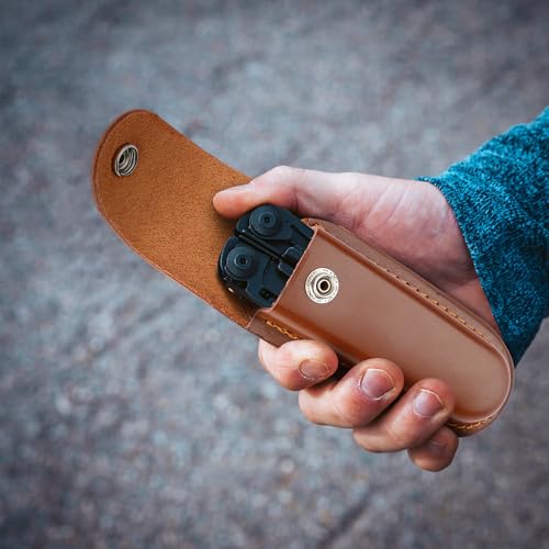 Leather Pocket Knife Sheath, 5" Folding Knife Case, Durable Multitool Holster with Snap Closure and Belt Loop, EDC Knife Pouch for Multitools, Pocket Knives, and Outdoor Activities, Brown