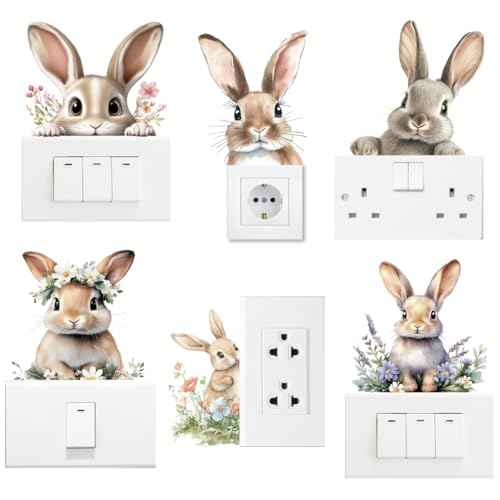 AHANDMAKER 6Pcs Cute Rabbit Light Switch Stickers, 7x7 Inch Easter Rabbit Flower Wall Sticker Light Switch Decals for Easter, Nursery Bedroom Living Room Office Home Family DIY Decor
