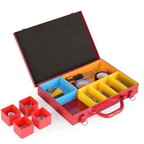 Metal Tool Box Portable Small Parts Organizer with 10 Removable Color-coded Compartments - Heavy Duty Red Hardware Organizer for Screws, Nails and Bolts