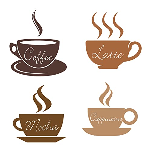 SUPERDANT 4pcs Coffee Wall Stickers Latte Mocha Cappuccino Wall Decor DIY Vinyl Sign Art Decals for Kitchen Coffee Bar Decor Shop Cafe Decoration Peel and Stick Wallpaper Brown