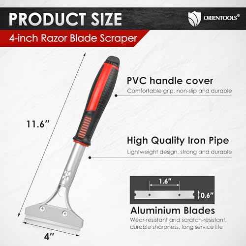 ORIENTOOLS Heavy Duty 4-inch Razor Blade Scraper with Long-Handle, Cleaning Glass Wall Scraper, Painting stripping tools,Tile Adhesive Removal (Improved version)