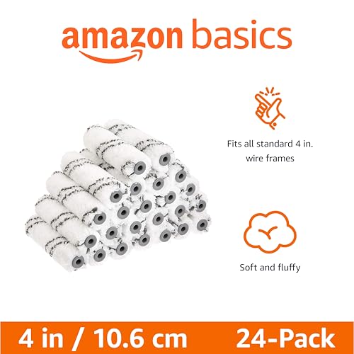 Amazon Basics 4-Inch Microfiber Paint Roller Covers 24-Pack for Smooth Finish - Shedless & Washable