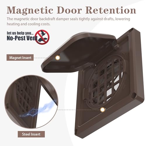 Houseluxe 4-Inch Dryer Vent Cover with Magnetic Door, Lint Trap, Brown, 6x6 in