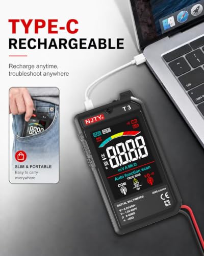 NJTY T3 Auto-Ranging Digital Multimeter Black, Type-C Rechargeable