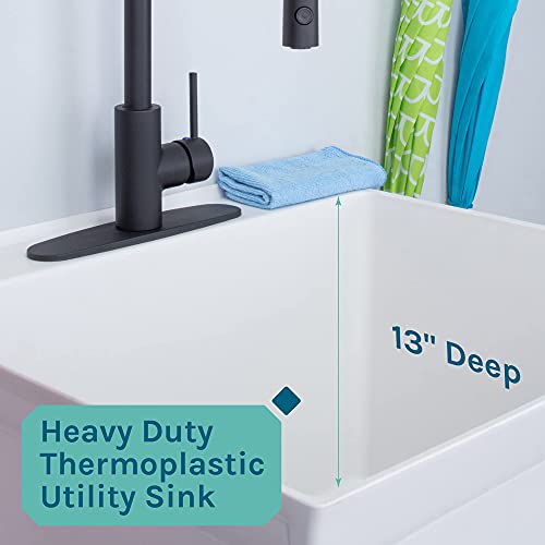White Utility Sink with Black Pull-Down Faucet Extra Deep Laundry Tub Freestanding