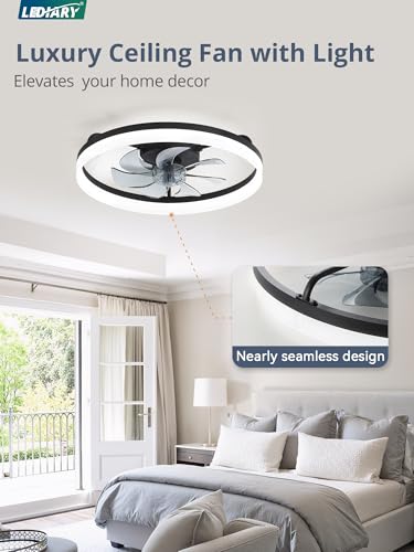 LEDIARY 20-Inch Black Low Profile Modern Ceiling Fan with Lights, APP & Remote