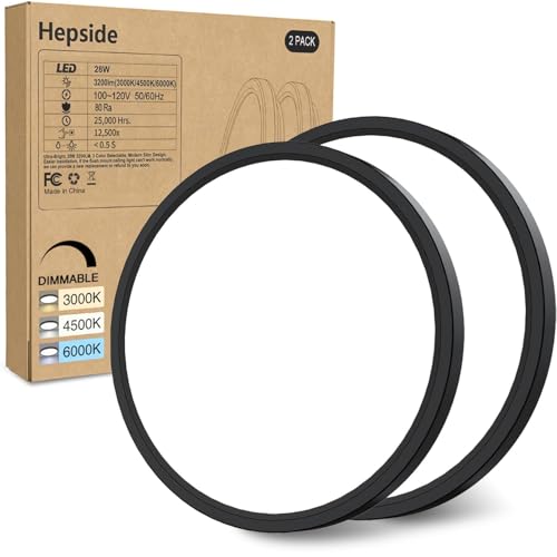 Hepside 2-Pack Black 12-Inch Dimmable LED Ceiling Light Fixtures, 3000K-6000K