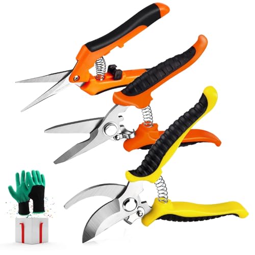 Wevove 3 Pack Garden Pruning Shears with Stainless Steel Blades & Gardening Gloves - Handheld Set for Trimming & pruning