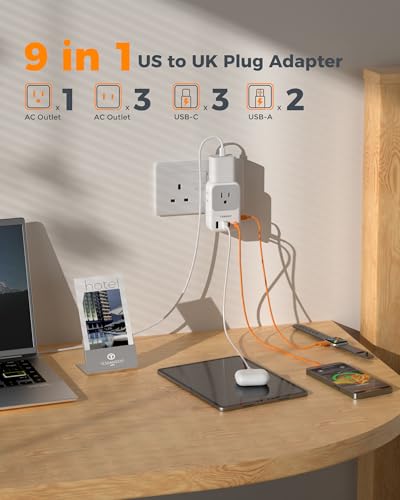 TESSAN US to UK Plug Adapter Type G-UK Ireland 2 Pack Travel Power Converter
