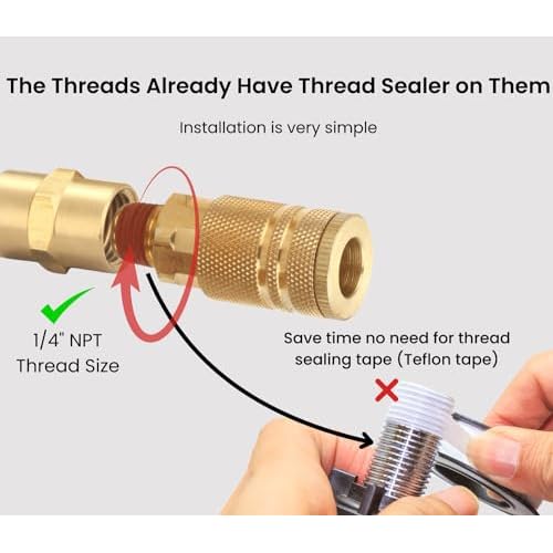 1/4 Inch Brass Male Industrial Coupler, 12 Pack 1/4 Inch Air Hose Fittings NPT Male Quick Connector Air Coupler with sealant for Professional Jobsites and Automotive Shops
