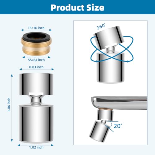 Hibbent Classic 360 Degree Chrome Faucet Aerator with Dual-Function Sprayer