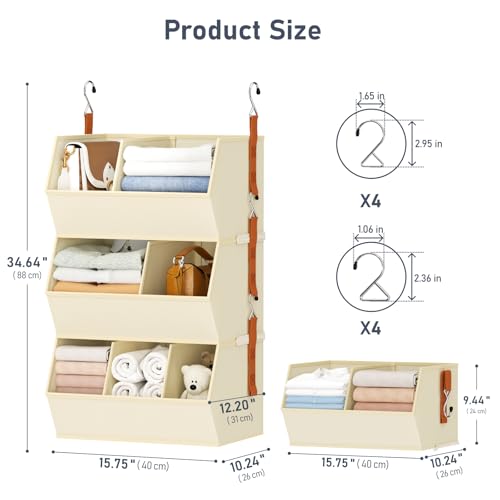 DIMJ Beige Hanging Closet Organizer 3-Pack - Extra Large Fabric Storage with Dividers