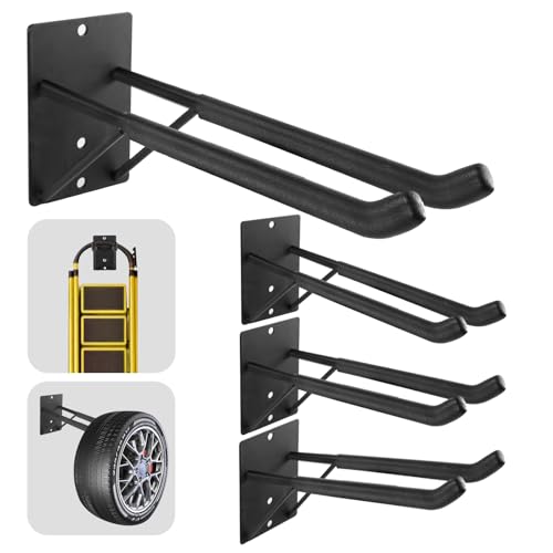 14" Large Heavy Duty Garage Hooks, 4-Pack Steel Garage Storage Hooks with Support Rods, Utility Wall Mount Hangers for Power Tools, Car Tires, Ladders, Chairs, Garden Tools and More