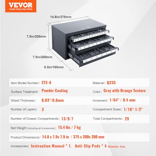 VEVOR Drill Bit Dispenser Cabinet – 3-Drawer Organizer, 29 Compartments, 1/16"–1/2" in 1/64" Increments (Jobber Length)