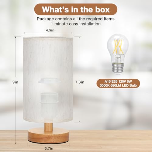 Fenmzee 9-Inch Cream Shade Wood Base Table Lamp with Inline Control and 3000K Bulb