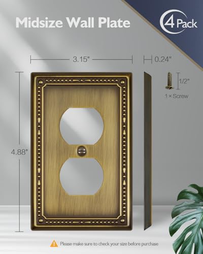 ZILLSEA Antique Brass Outlet Cover Plate 4-Pack - Vintage Metal Wall Switch & Socket Covers - Duplex Standard Size