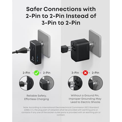 Anker Nano Travel Adapter, 5-Port Power Adapter with 1 AC, 2 USB-A, and 2 USB-C Ports, Smart Temperature Control, Compatible with Over 200 Countries, Ideal for Travel (1-Pack)