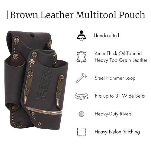 FESA Small Leather Tool Pouch - 5-in-1 Heavy Top Grain Leather Small Tool Pouch with a Steel Hammer Loop, 4 Pockets & Reinforced Heavy Duty Rivets - Fits Belts up to 3" - Handcrafted