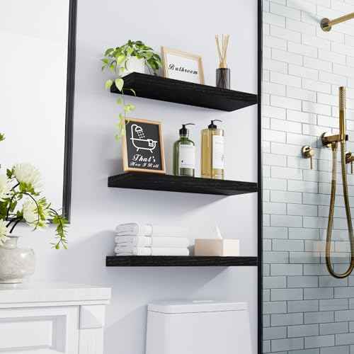 BAYKA Floating Shelves for Wall, Wall Mounted Rustic Wood Shelves for Bathroom, Bedroom, Living Room, Kitchen, Hanging Shelf for Books/Storage/Room Decor with 22lbs Capacity (Black, Set of 3, 15.7in)