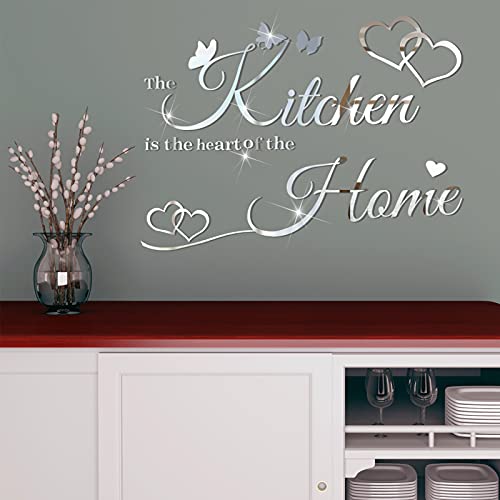 Kitchen Wall Stickers Kitchen The Heart of The Home 3D Acrylic Mirror Wall Decal Removable Quotes Sign Butterfly Heart Saying Decals DIY Art Decoration for Home Dining Room