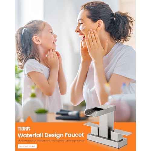 Waterfall Bathroom Faucet for Sink 3 Hole, 4 inch, Brushed Nickel Waterfall Sink Faucets with Pop-up Drain and 2 Supply Hoses, Stainless Steel 2-Handle Centerset Faucet for Sink Vanity, T-6008BN